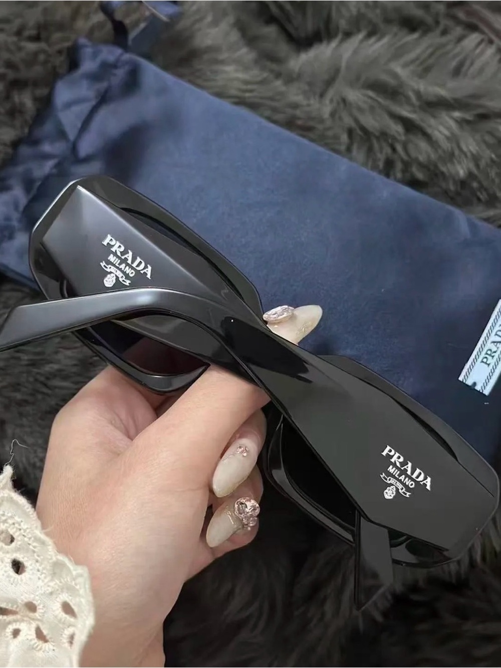 Prada Black High-Gloss Rectangular Logo Sunglasses
